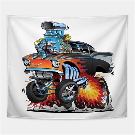 Classic Hot Rod Fifties Style Gasser Drag Racing Muscle Car Red Hot Flames Big Engine Lots Of