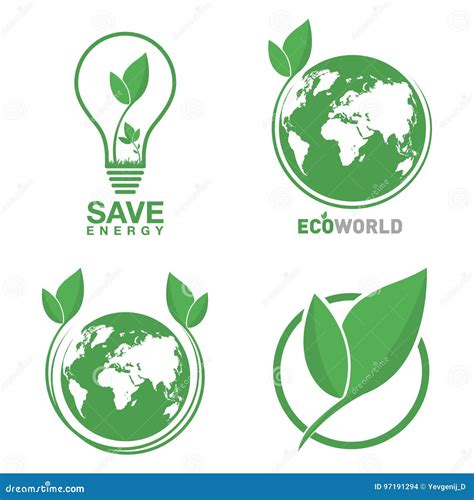 Sistema Del Logotipo De La Ecología Mundo De Eco Hoja Verde Símbolo