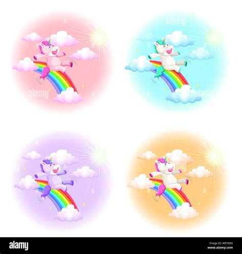 Conjunto de coloridas unicornios con arcoiris ilustración Imagen Vector