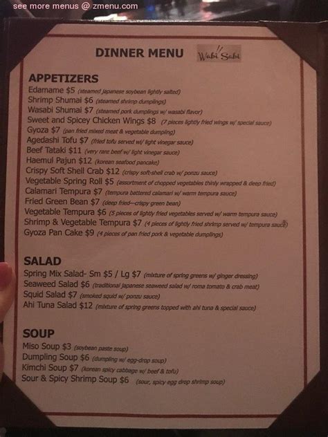 Menu at Wabi Sabi restaurant, Covington