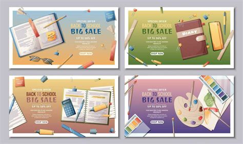 Banner design set with textbooks, notebooks, books, diaries, stationery ...