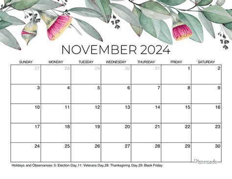 Nov Calendar Printable Free Pdf Lind Shelia