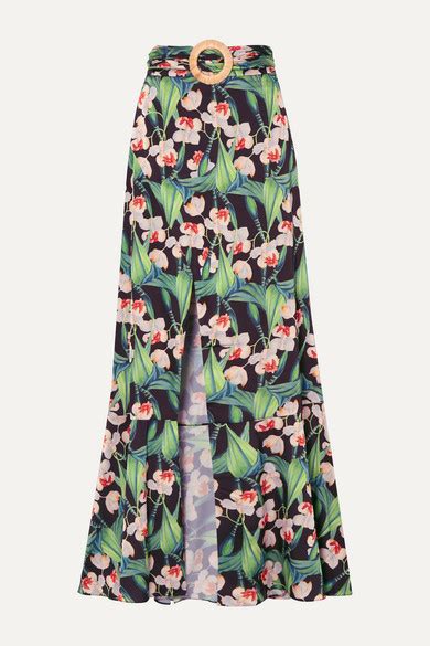 PatBO Belted Wrap Effect Floral Print Crepe Maxi Skirt Black ShopStyle