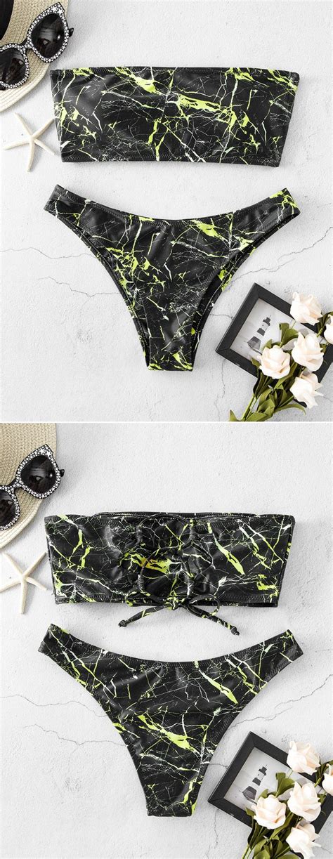 What Makes This Marble Print Bikini Swimwear Unique Is The Criss Cross