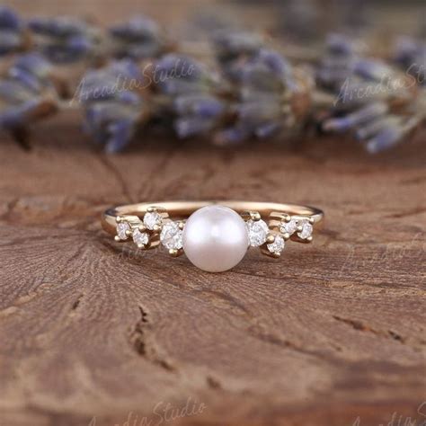 Vintage Akoya Pearl Engagement Ring For Women Rose Gold Art Deco Pearl