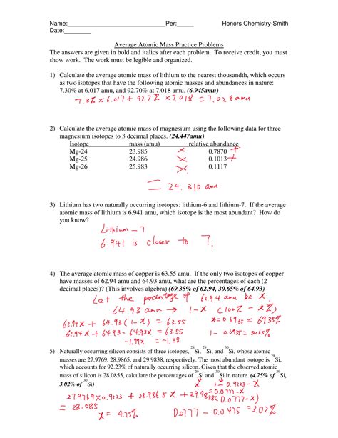 Average Atomic Mass Worksheet Key