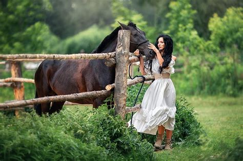 Fence Rural Dress Model Cowgirl Horse Woman Country Brunette