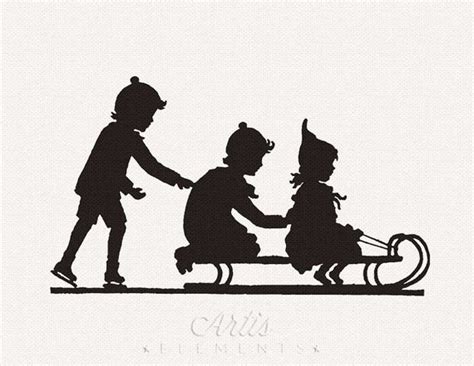 Silhouette Of Children Sledding And Ice Skating Printable