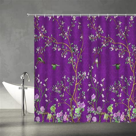 Sonernt Flower Bird Shower Curtain Purple Floral Branch Blooming Peony