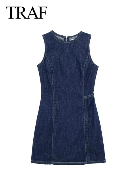 TRAF 2024 Summer Dress For Women Fashion Denim Round Neck Patchwork