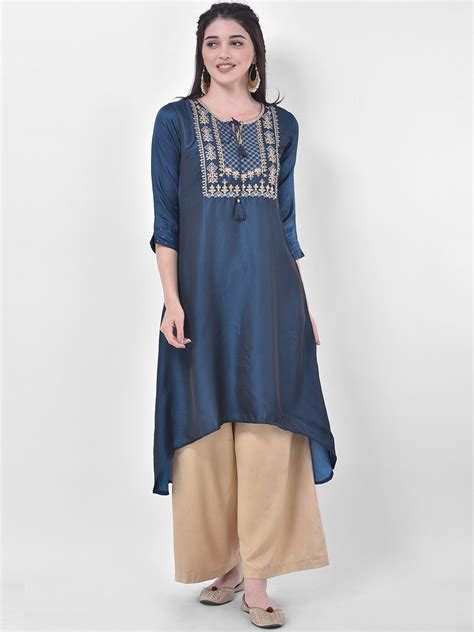 Buy Span Women Blue Ethnic Motifs Embroidered Straight Kurta Kurtas