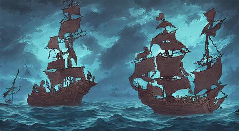 Pixelart Of A Ghost Pirate Ship With A Jolly Roger Stable Diffusion