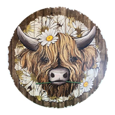 Highland Cow with Daisies - Door Hanger