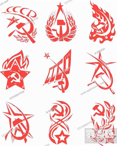 Set Of Red Color Soviet Symbols With Stars Flags And Sickle And Hammer