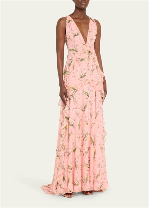 Carolina Herrera Plunging Floral Print Ruffle Cape Gown Bergdorf Goodman