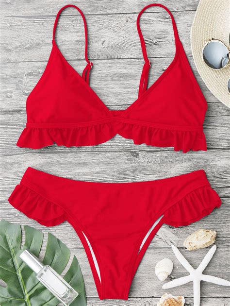 Ruffle Padded Plunge Bikini Set In Bright Red Zaful