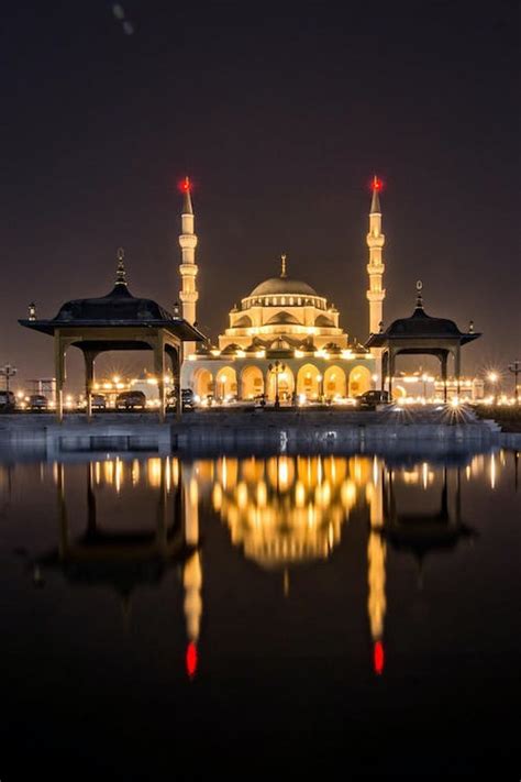 Illuminated Sharjah Mosque at Night, Emirate of Sharjah, the United ...