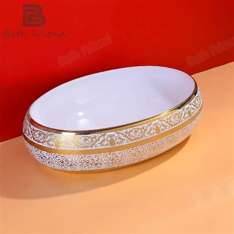 European Bathroom Oval Sink Decals Pattern White Ceramic Sink Basin