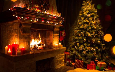 Fireplace and Christmas tree 8K wallpaper download