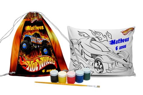 Kit De Colorir Hot Wheels Mochilinha Almofada Tinta Pincel Elo