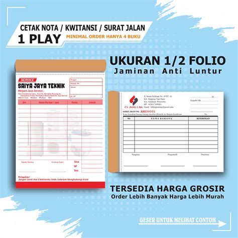 Jual Nota Custom Kwitansi 1 Ply 1 2 Folio Buku Nota Penjualan Surat