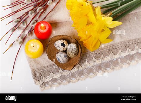 Easter Background With Easter Eggs Pussy Willow And Yellow Spring