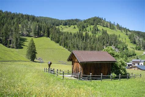 Log Cabin In The Dolomites Fields And Mountains Alpine Arch Alps