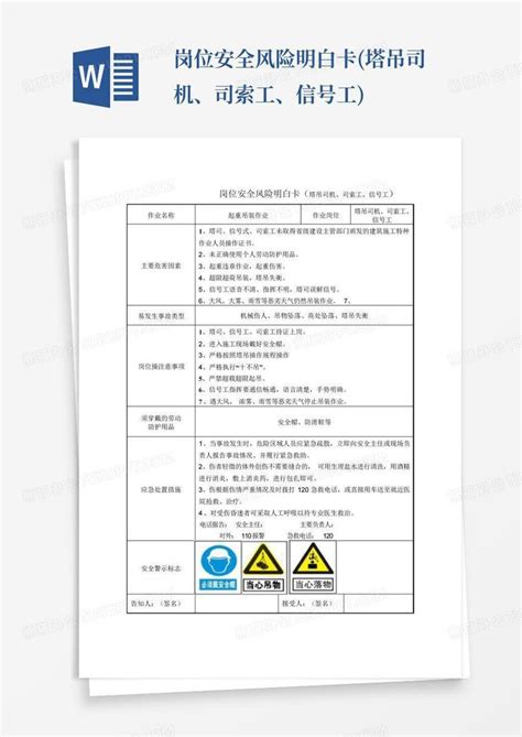 岗位安全风险明白卡塔吊司机、司索工、信号工word模板下载编号lnwmmkey熊猫办公