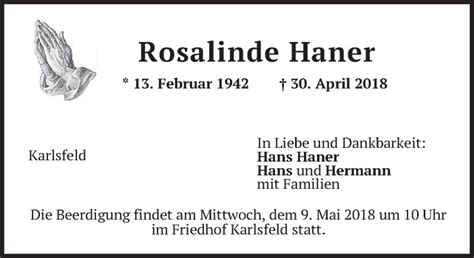 Traueranzeigen Von Rosalinde Haner Trauer Merkur De