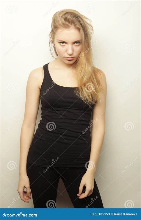 Beautiful Woman With Long Blond Hair Fashion Model Posing At St Stock