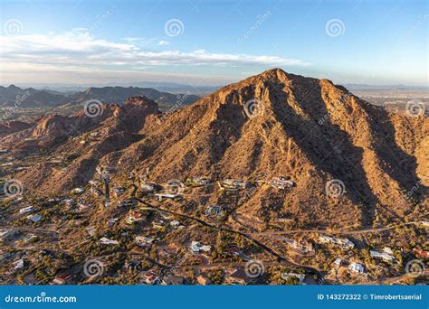 Sunset on Camelback Mountain, Aerial View Looking Northwest Stock Photo ...