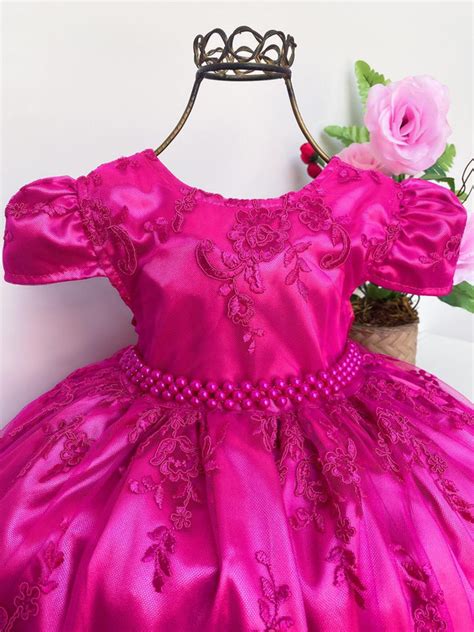 Vestido Infantil Pink Realeza Renda Princesas Festa Luxo Rosa