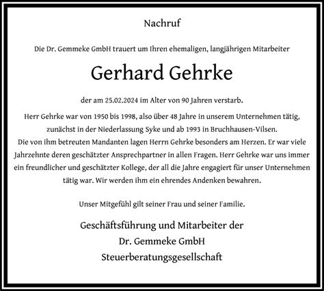 Traueranzeigen Von Gerhard Gehrke Trauer Kreiszeitung De