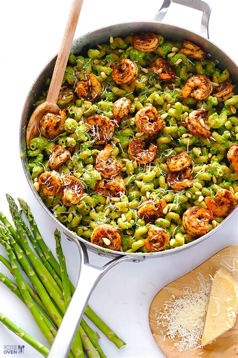 Asparagus Spinach Pesto Pasta With Blackened Shrimp