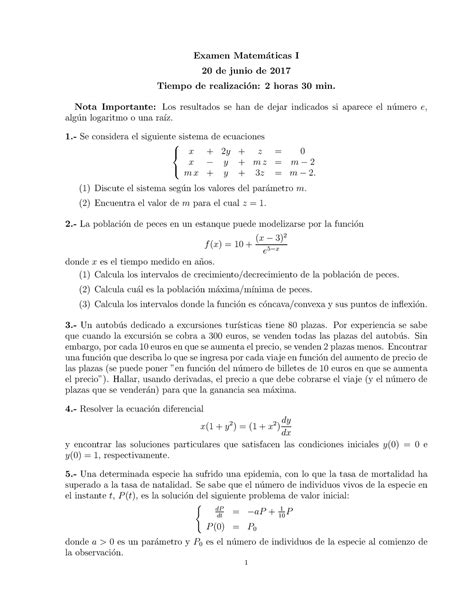 Examen Junio Preguntas Y Respuestas Examen Matem Aticas I De