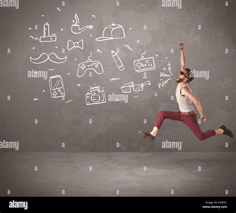 Funny hipster guy shouting drawn items Stock Photo - Alamy