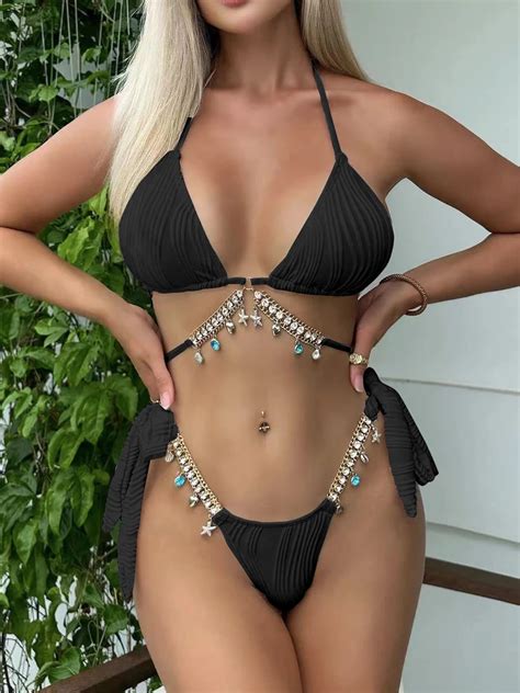 Conjunto De Bikini Con Tanga Para Mujer Ba Ador Sexy Con Cadena Y