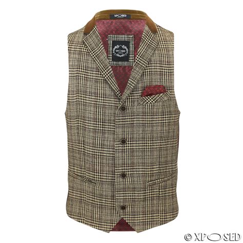 Mens Vintage Waistcoat Herringbone Tweed Check Velvet Collar Retro