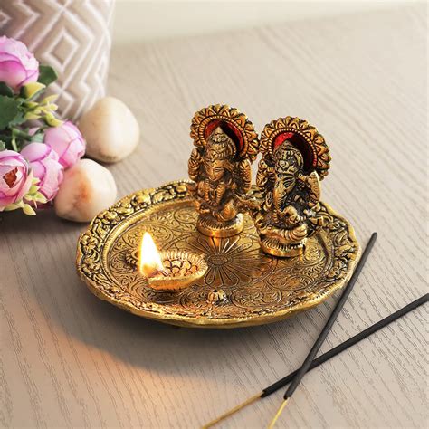 Buy CraftVatika Lakshmi Ganesh Pooja Thali With Oil Lamp Deepak Gold