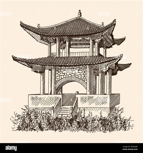 Chinese Traditional Pagoda With Double Tiled Roof Quick Line Art