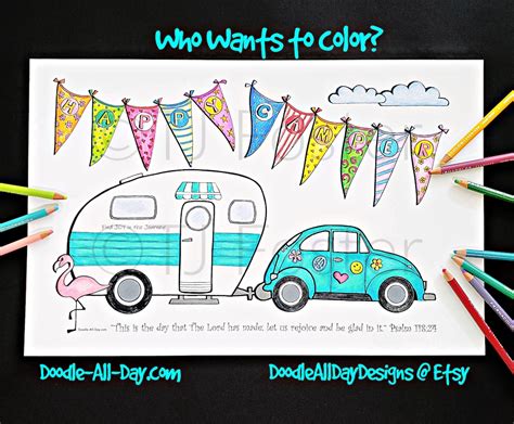 Happy Camper Coloring Page, Camping Coloring Printable, Summer Coloring
