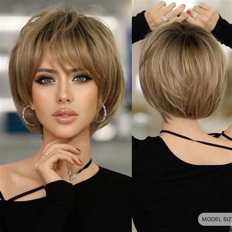 Pixie Cut Layered Short Blonde Brown Wig With Bangs Straight Synthetic