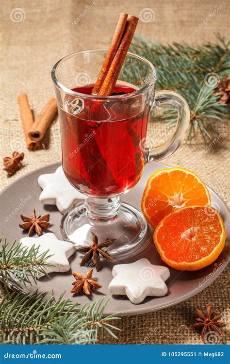 Glass Of Christmas Mulled Wine With Spices And Cookies Orange O Stock