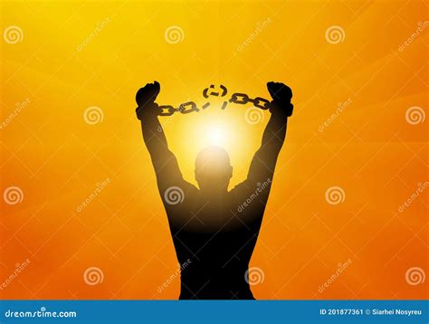 Freedom. Silhouette of Man Breaking Chains in Handcuffs Stock Vector ...