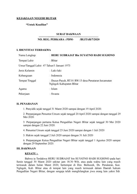 Contoh Surat Dakwaan KEJAKSAAN NEGERI BLITAR SURAT DAKWAAN NO REG