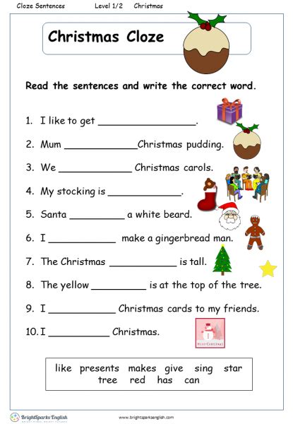 Christmas Cloze English Reading Worksheet English Treasure Trove Worksheets Library