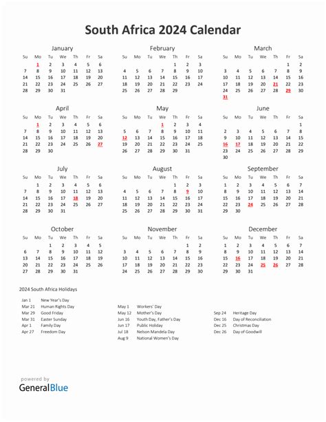 Printable Calendar 2024 with Holidays South Africa | Printable Calendar