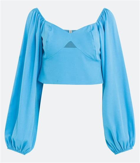 Blusa Cropped Em Crepe Com Manga Bufante E Abertura No Busto Azul