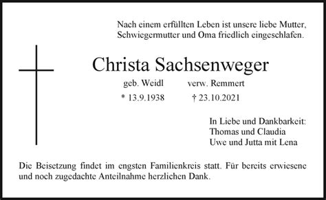 Traueranzeigen Von Christa Sachsenweger Nordbayerischer Kurier