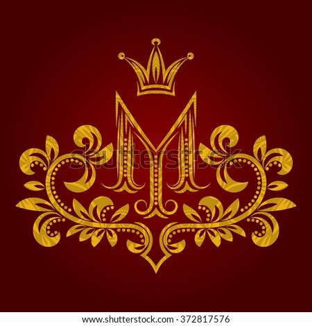 Patterned Golden Letter M Monogram Vintage Stock Vector